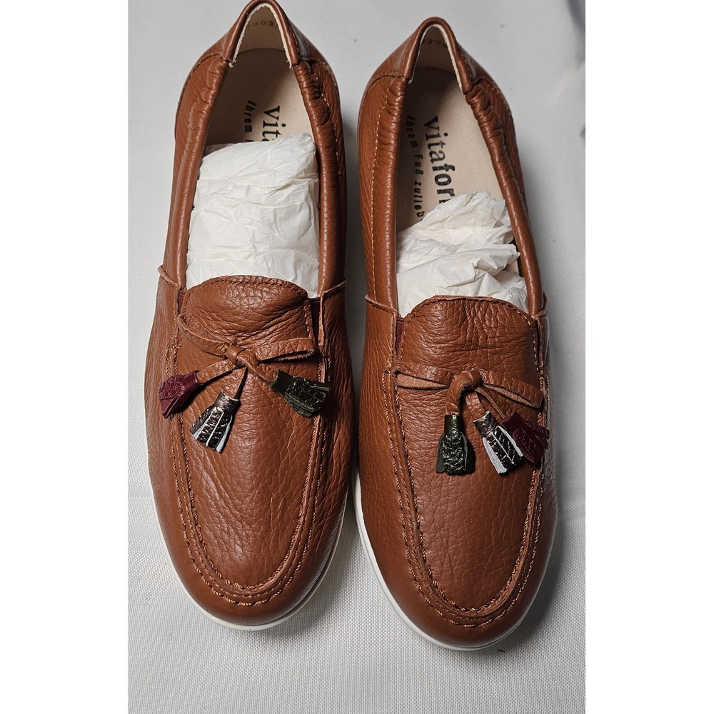 Vitaform Brown Leather Tassel Loafers Slip On Low Wedge‎ Shoes Womens 6W/36H NEW